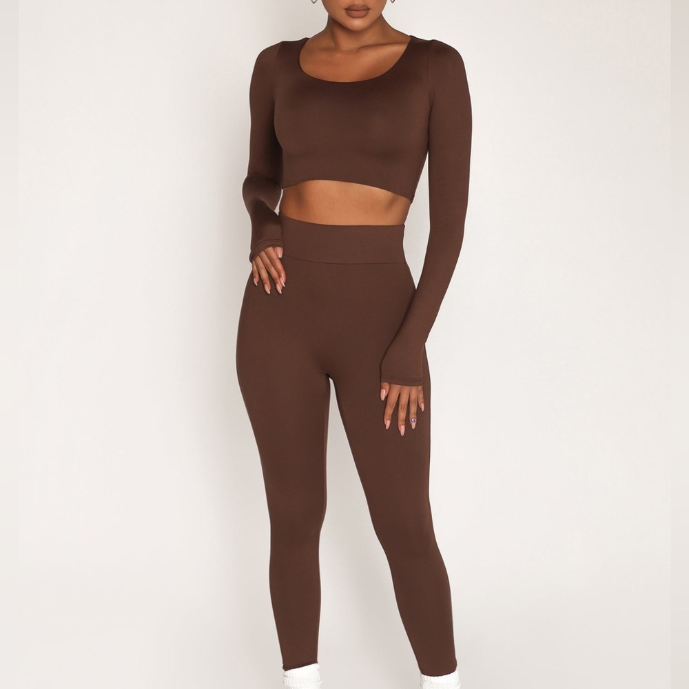 Brown Long Sleeve Crop Top and Leggings Set